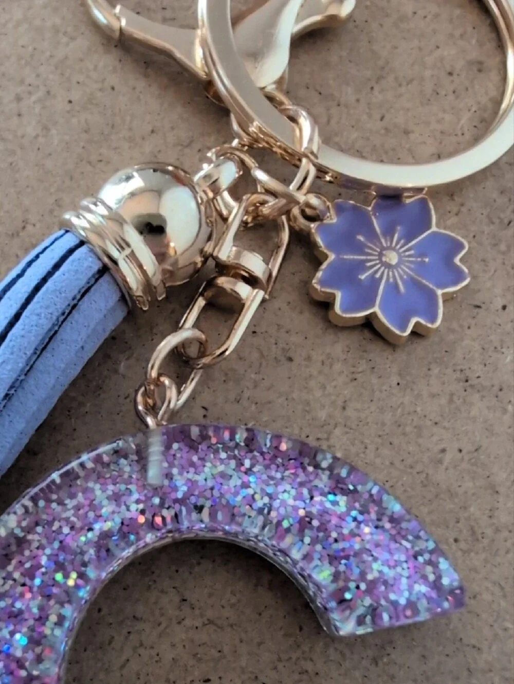 Gold Keyring with Purple Glitter 'C' Charm and Tassel